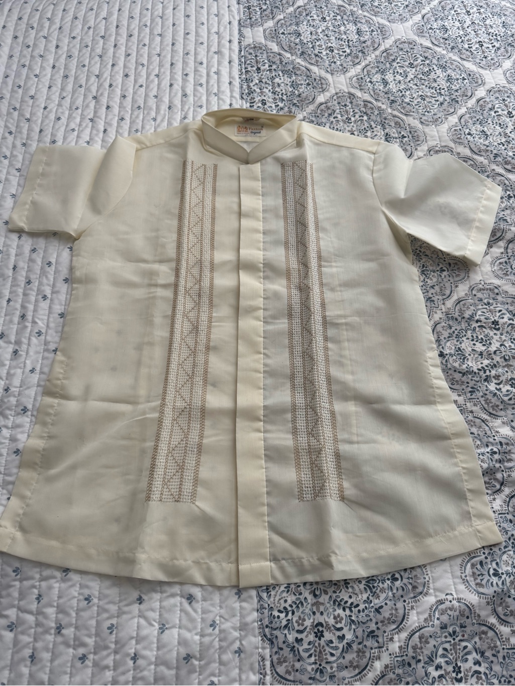 Cream Men's Barong-Style Shirt With Embroidered Front